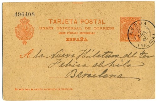 Tarjeta entero postal tipo Cadete de 10 c de Nerja a Barna con fechador <br />treból &quot;limpio como una patena&quot; datado el 24. ABR. 1902 - colección buzones