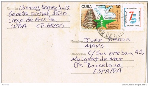 Viñeta esperantista de CUBA en postal circulada