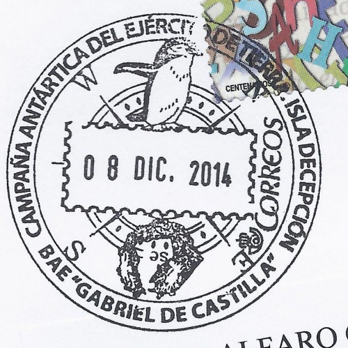 BAE Gabriel de Castilla. Campaña Antártica del Ejército de Tierra. Isla Decepción. 2014-12-04. Matasellos. Baja.jpg