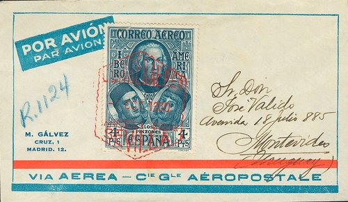 564. 1930. 4 pts azul. Certificado de MADRID a MONTEVIDEO (URUGUAY). Matasello especial CORREO AEREO CARABELA COLON SEVILLA, en rojo, y al dorso tránsito por Alicante y llegada.jpg